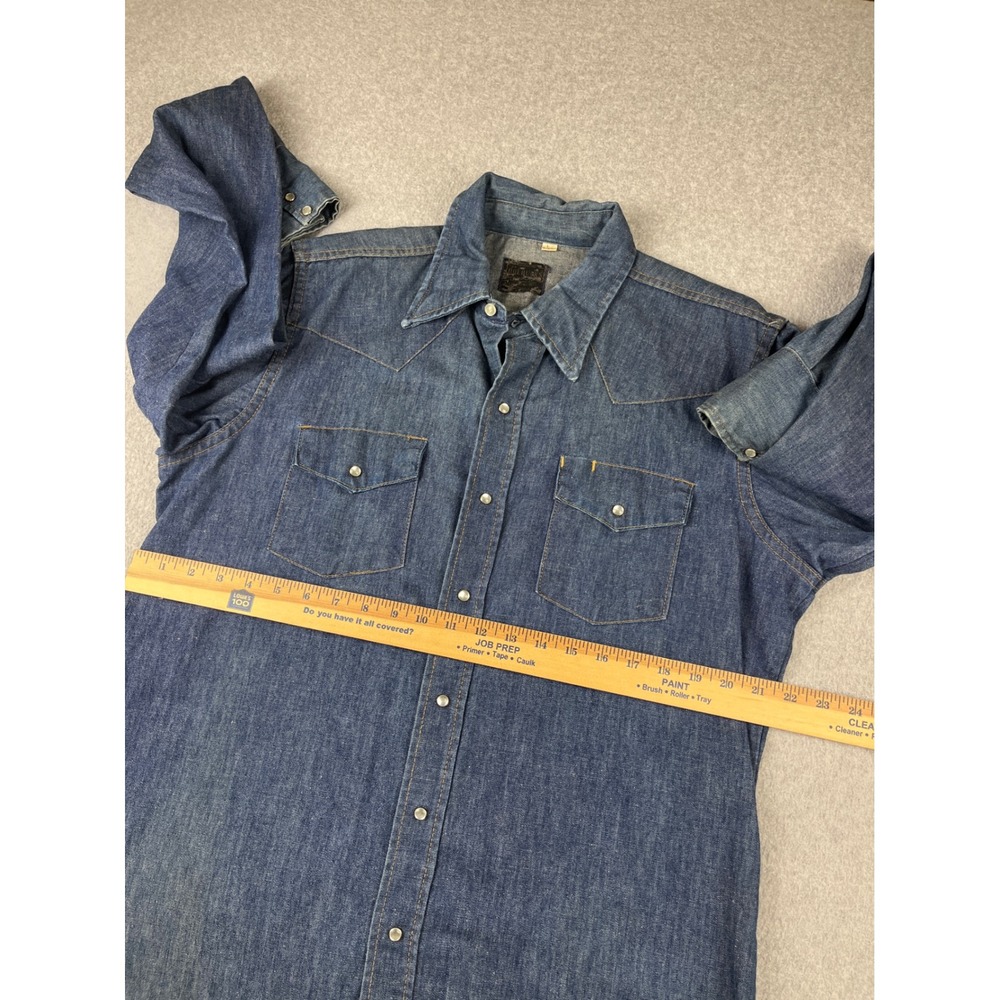 Vintage 70s Sears Roebucks Western Denim Shirt Mens Large 16 Blue Pearl Snap - Picture 5 of 8